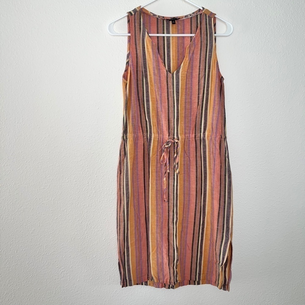 Drew Linen Blend Striped Cinched Waist V Neck Shift Dress Size Small